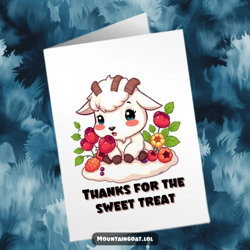 Funny Free Printable Thank You Card: Mountain goat happily munches vibrant berries, expressing thanks with natural sweetness.