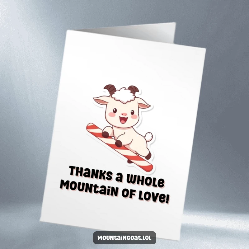 Funny Free Printable Thank You Card: Adorable kawaii mountain goat with rosy cheeks leaping over a candy cane, saying thank you.