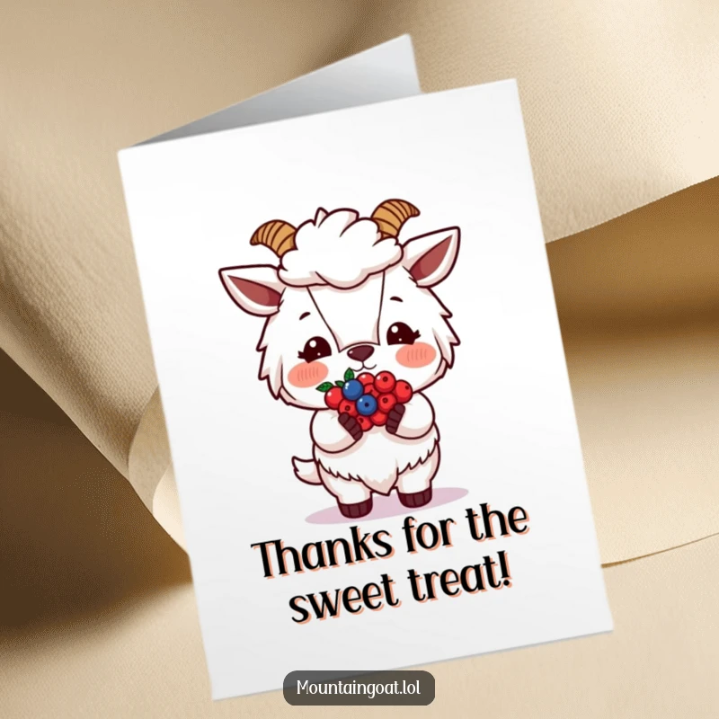 Funny Free Printable Thank You Card: A blushing mountain goat offers a tiny bundle of berries as thanks.