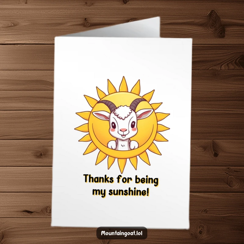 Funny Free Printable Thank You Card: A goat peeks from a giant smiling sun, offering thanks with a warm glow. Printable.