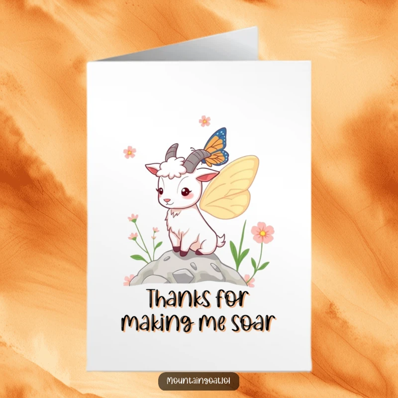 Funny free printable thank you card with a mountain goat sporting large butterfly wings, poised near delicate mountain blooms.