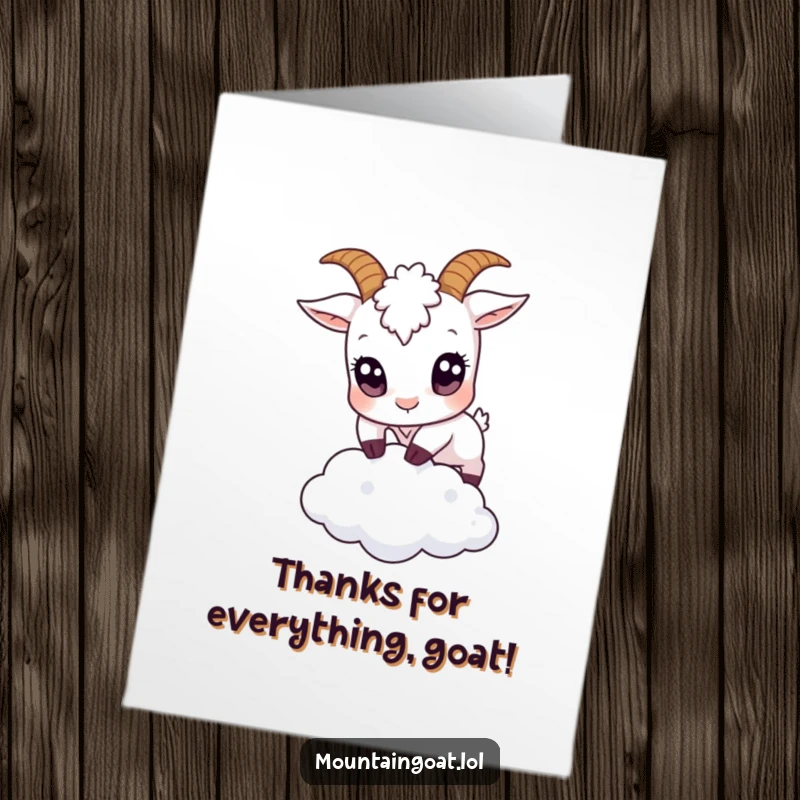 Funny Free Printable thank you card of a small goat with large eyes leaping over a tiny cloud, a sweet thank you gesture.