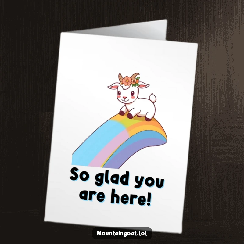 Funny Free Printable thank you card featuring a happy goat adorned with a flower crown, sliding down a rainbow, a thank you.
