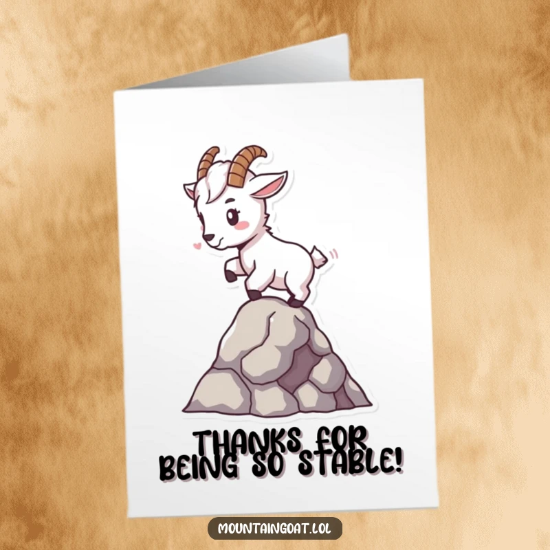 Funny free printable thank you card: Tiny mountain goat character perfectly balances on a single rock, showing steadiness and grace.