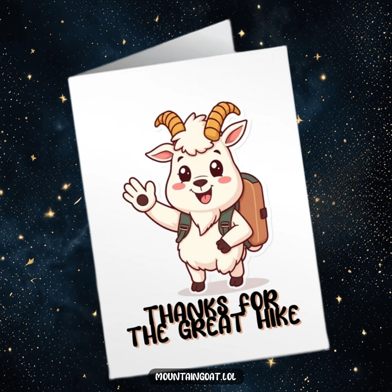 Funny Free Printable Thank You Card: A smiling mountain goat with a backpack waves warmly, conveying thanks with a friendly and approachable vibe.