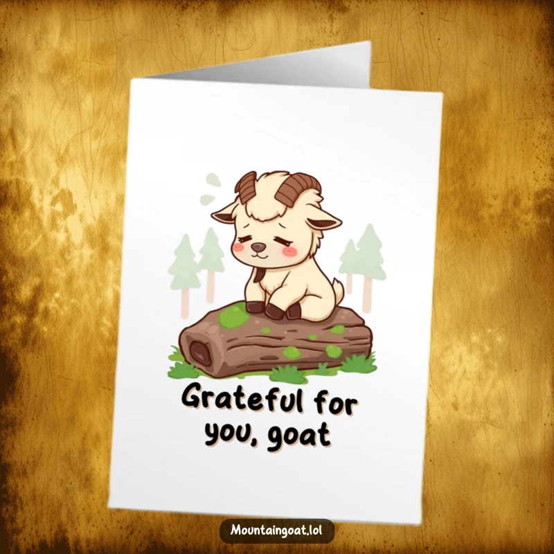 Funny Free Printable Thank You Card: A tired mountain goat relaxes on a log, offering a peaceful and humorous way to say thank you.