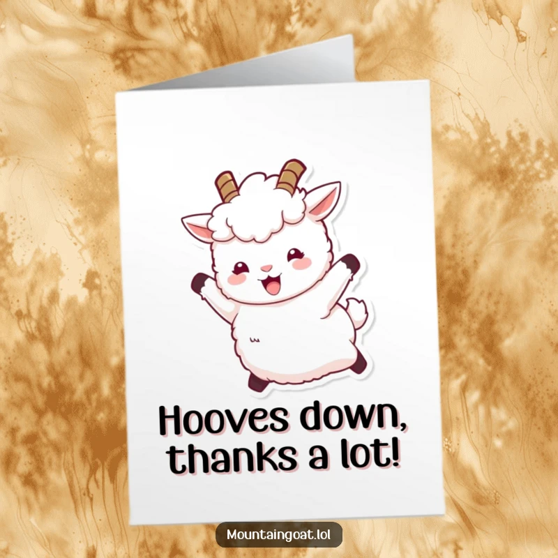 Funny Free Printable Thank You Card: Fluffy mountain goat leaping joyfully, expressing thanks with pure delight, a humorous downloadable gift.