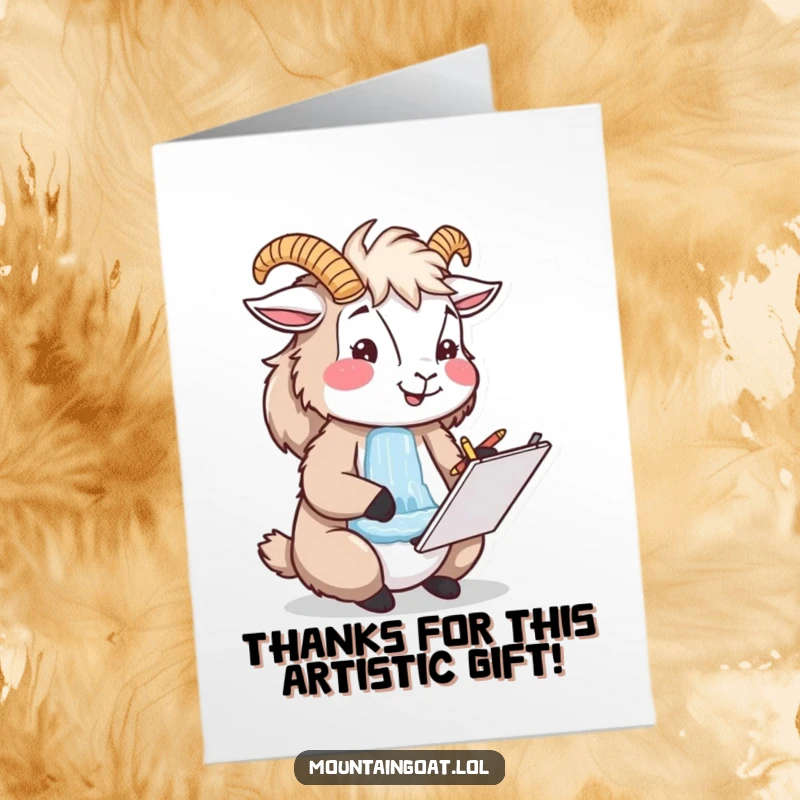 Funny free printable thank you card: a happy mountain goat artist diligently sketches a lovely waterfall on a notepad.