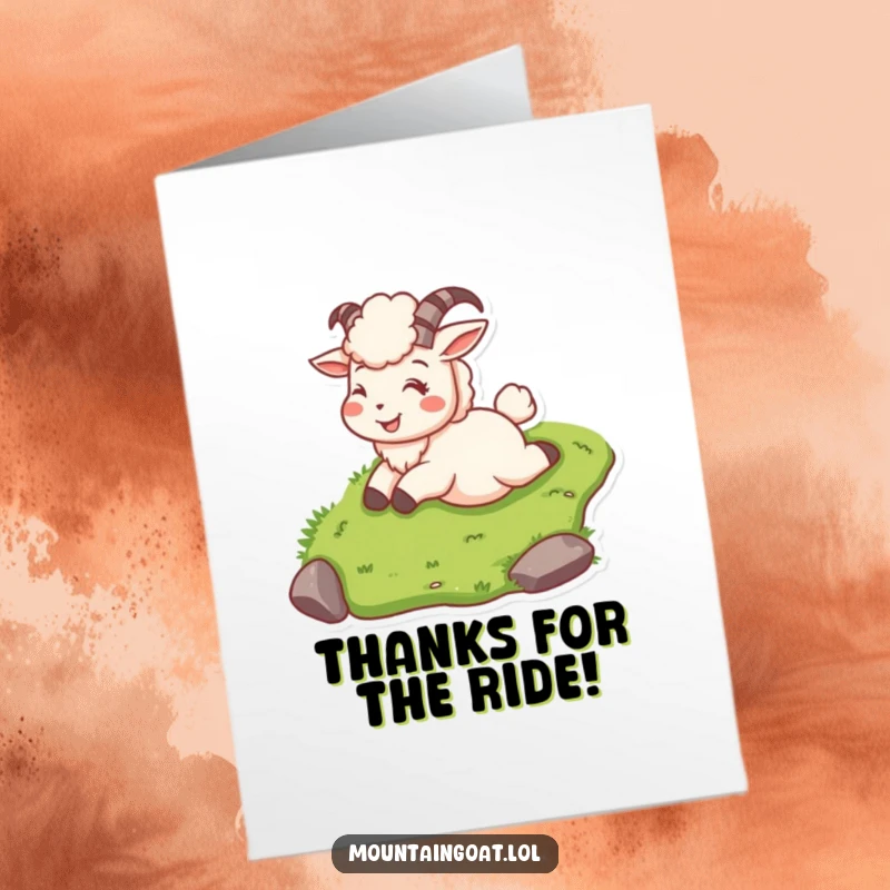 Playful free printable thank you card of a mountain goat character with a big smile, sliding downhill.