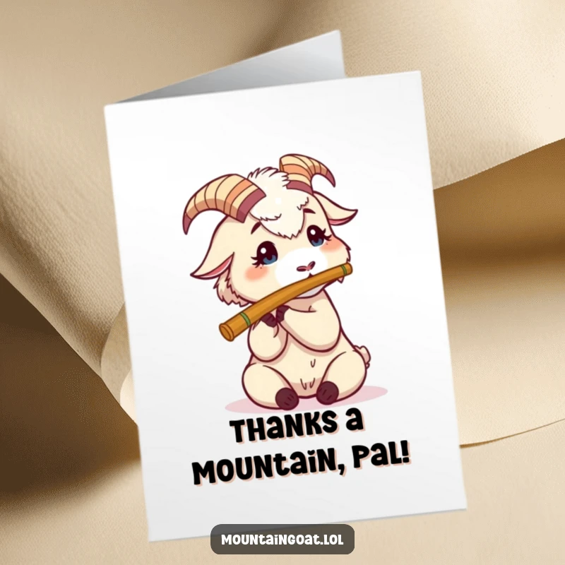 Funny Free Printable Thank You Card: A mountain goat character attempting to play a tiny flute to express thanks.