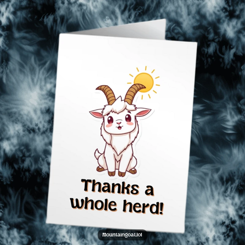 Funny Free Printable Thank You Card: Mountain goat stretching horns to the sun, expressing gratitude, a humorous and downloadable gift.