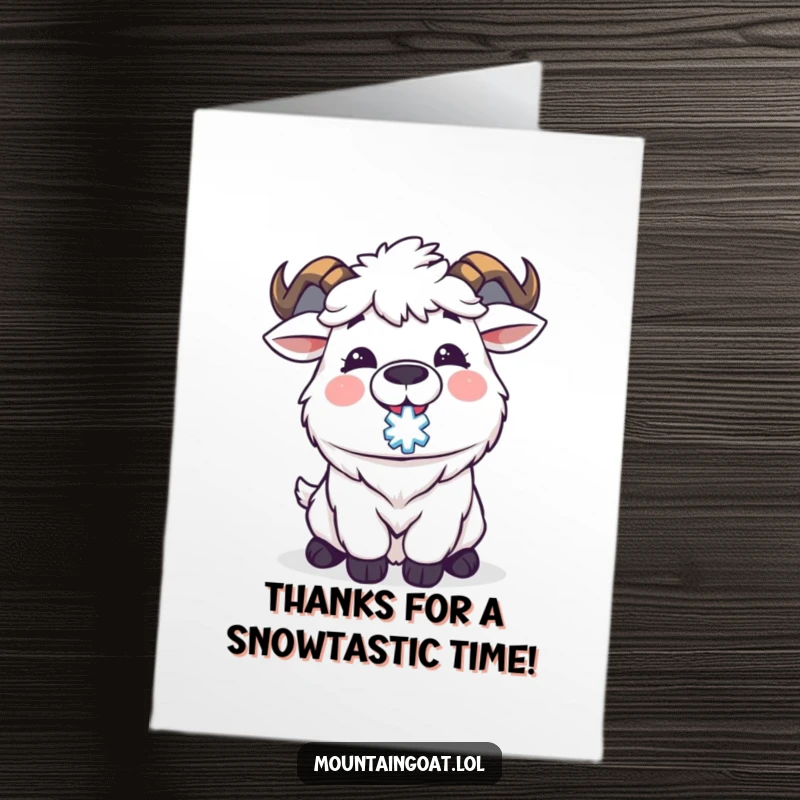 Funny Free Printable Thank You Card: A delighted Kawaii mountain goat catching a snowflake, expressing heartfelt thanks.