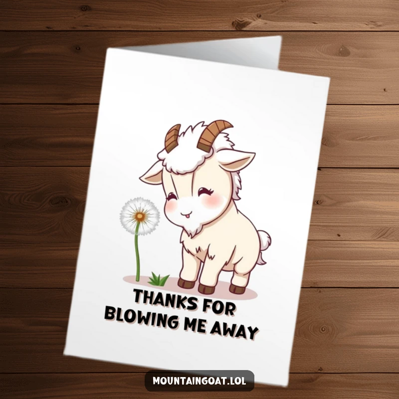 Funny Free Printable Thank You Card: A cute kawaii mountain goat playfully nudging a fluffy dandelion, scattering its seeds joyfully.