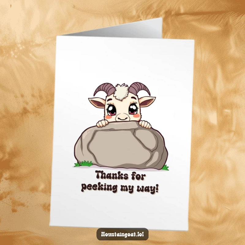 Funny free printable thank you card: Curious mountain goat with wide pupils peeks over a large boulder, expressing thanks with intrigue.