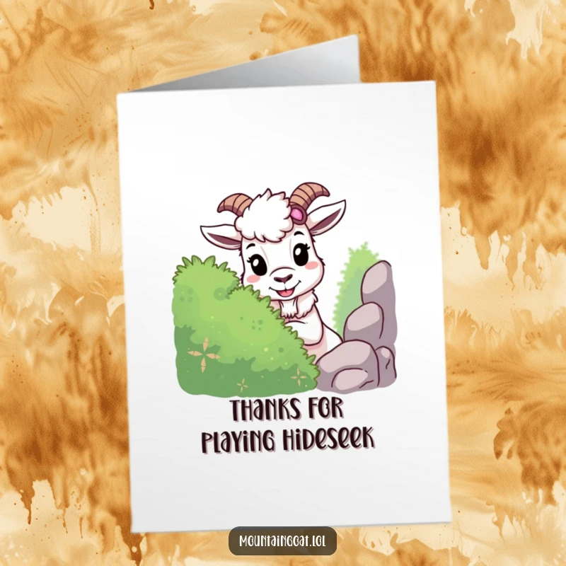 Funny Free Printable Thank you Card: A mountain goat with a cheeky grin plays hide-and-seek behind a bush.