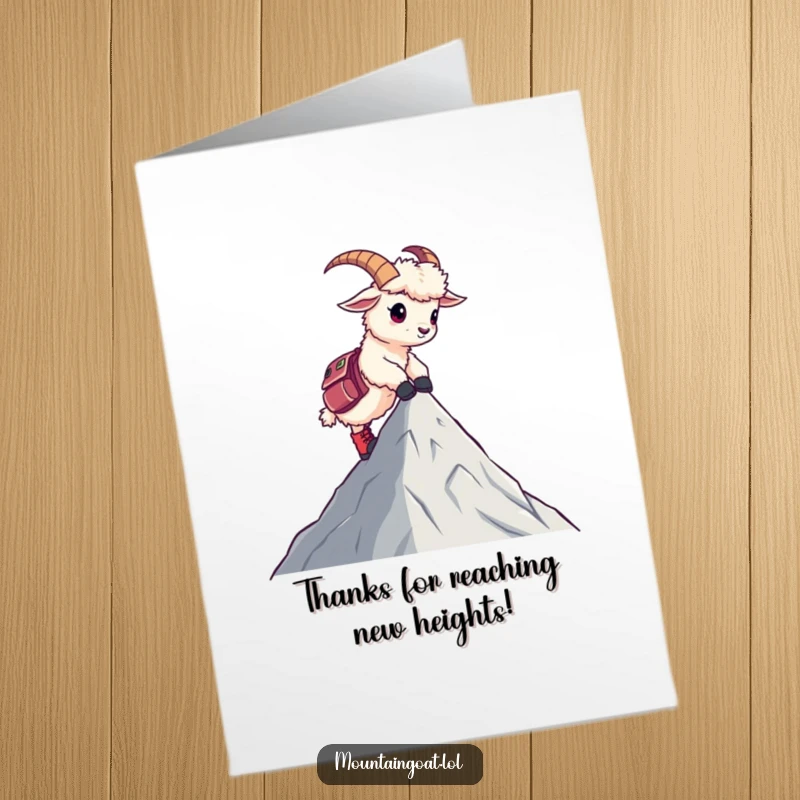 Funny Free Printable Thank You card featuring a kawaii mountain goat in hiking boots, expressing thanks from a peak.