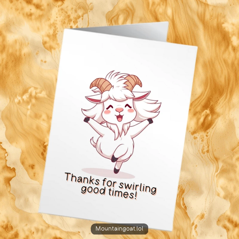Funny Free Printable thank you card: A mountain goat with wind-tousled fur spinning around ecstatically with pure joy.