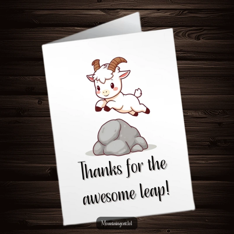 Cute free printable thank you card showing a kawaii mountain goat with tiny horns mid-leap over a little rock.