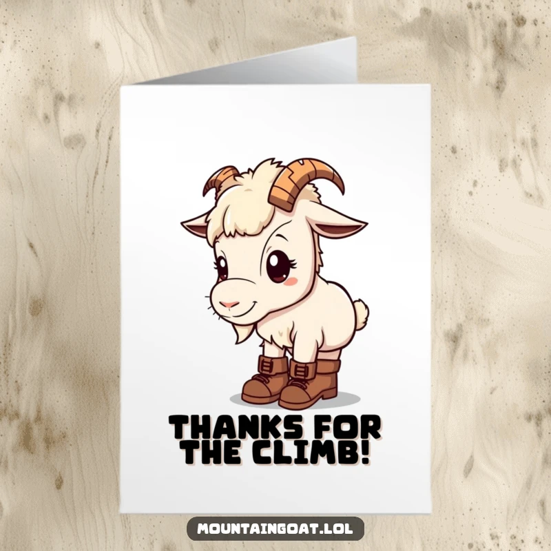 Charming free printable thank you card featuring a curious kawaii mountain goat equipped with tiny hiking boots.