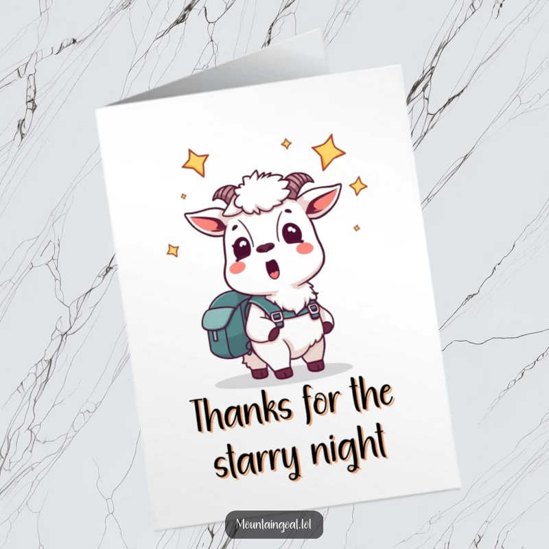 Funny Free Printable Thank You Card: Startled mountain goat with backpack looks up at stars, expressing stellar gratitude.