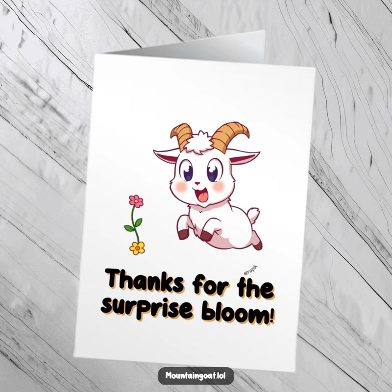 Funny Free Printable Thank You Card: A startled mountain goat unexpectedly dropping a flower.