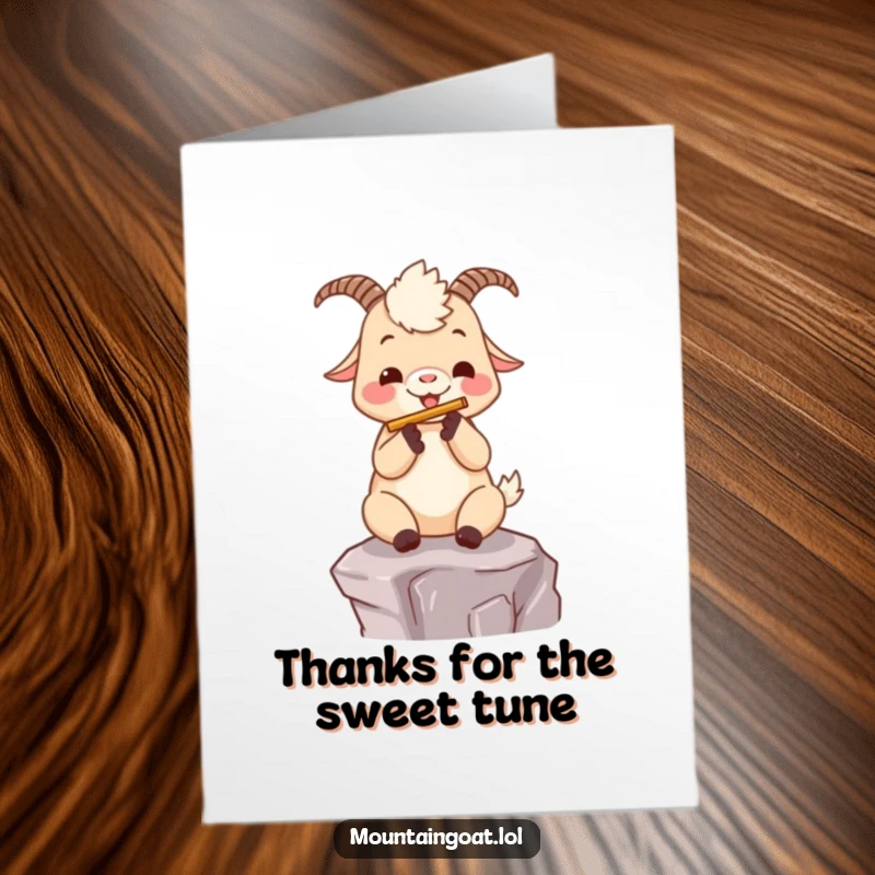 Funny Free Printable Thank You Card: A joyful Kawaii mountain goat playing a tiny flute on a ledge, sending thanks with music.
