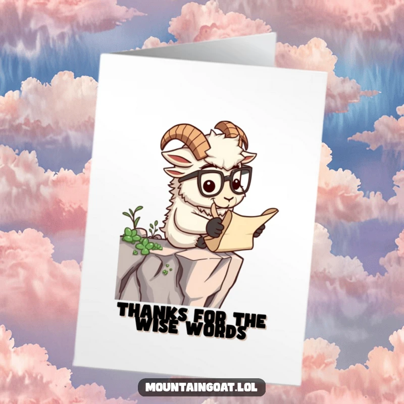 Funny Free Printable Thank You Card: Scholarly mountain goat wearing spectacles reads a scroll on a cliff, expressing thanks.