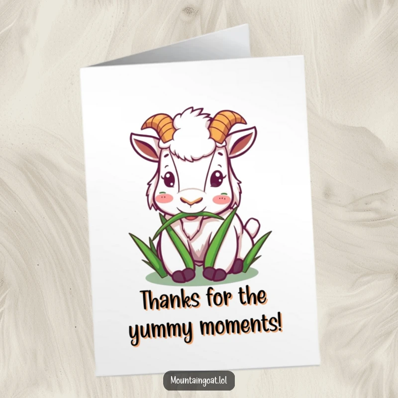 Funny Free Printable thank you card: A contented mountain goat focused on happily munching a stylized piece of green grass.