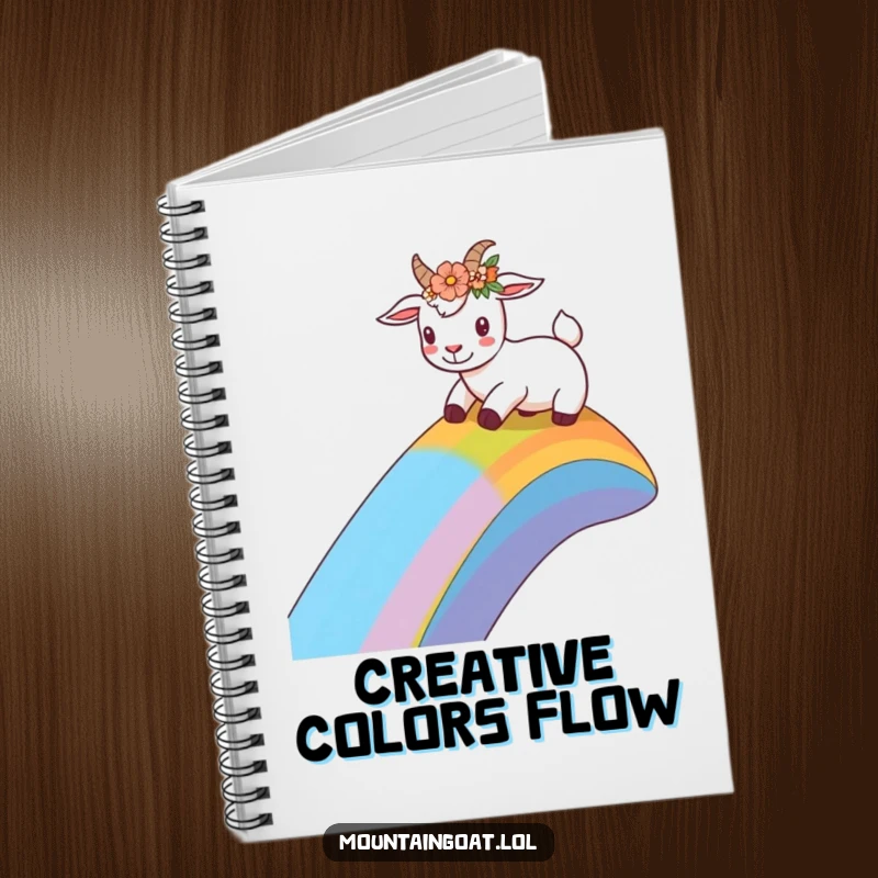 Funny goat with a flower crown sliding down a rainbow slope on a notebook cover, ideal for journaling happy thoughts and colorful ideas.',