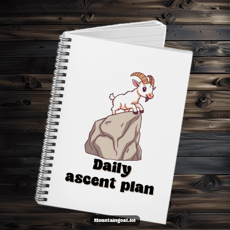 Funny brave mountain goat determinedly scaling a small cliff face, shown on a notebook cover for aspiring individuals.