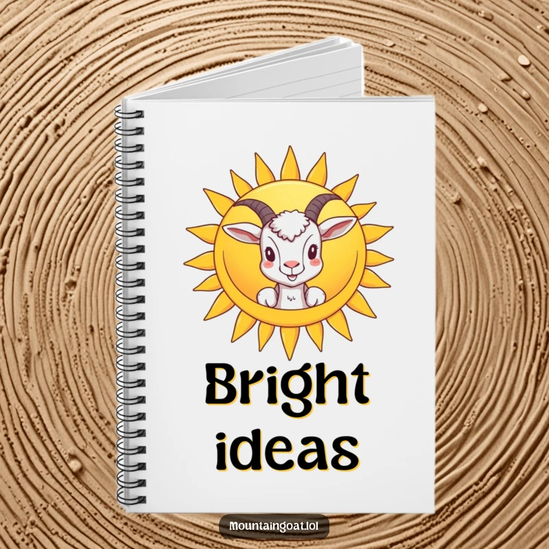 Funny notebook cover featuring a goat peeking from behind a smiling sun, providing ample writing space and a cheerful design.