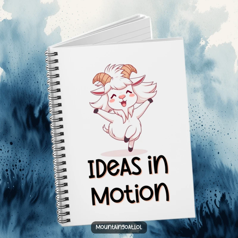 Funny mountain goat notebook with a character joyfully spinning with windblown fur, encouraging journaling with spirited charm.
