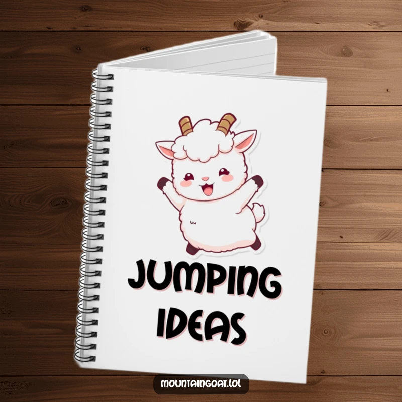 Funny notebook with a fluffy white mountain goat character with tiny horns leaping joyfully, ideal for capturing energetic ideas and happy notes.
