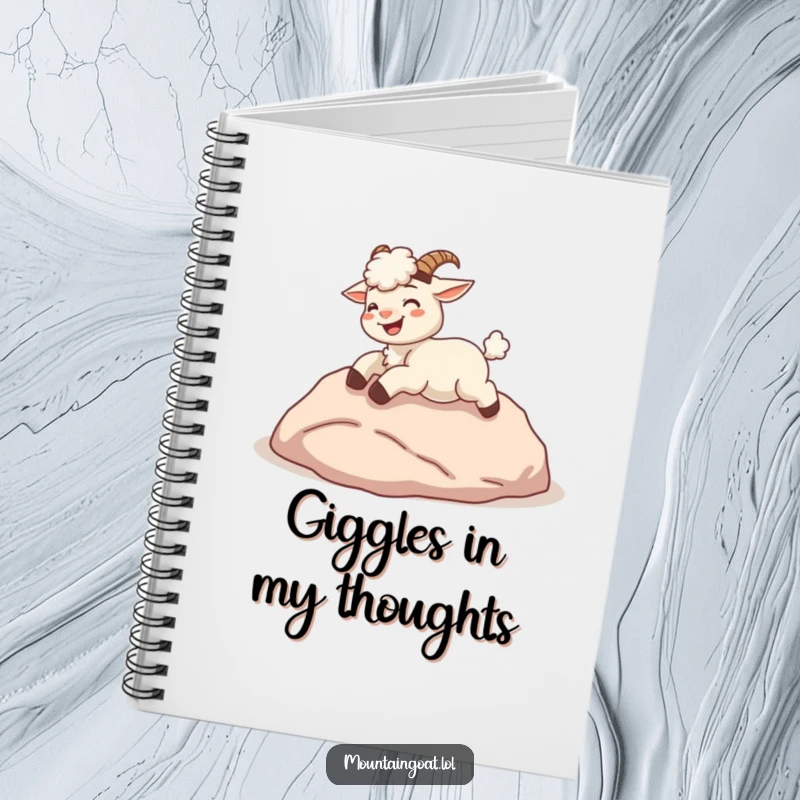 Funny kawaii mountain goat giggling and rolling down a hill, on the cover of a lined notebook.