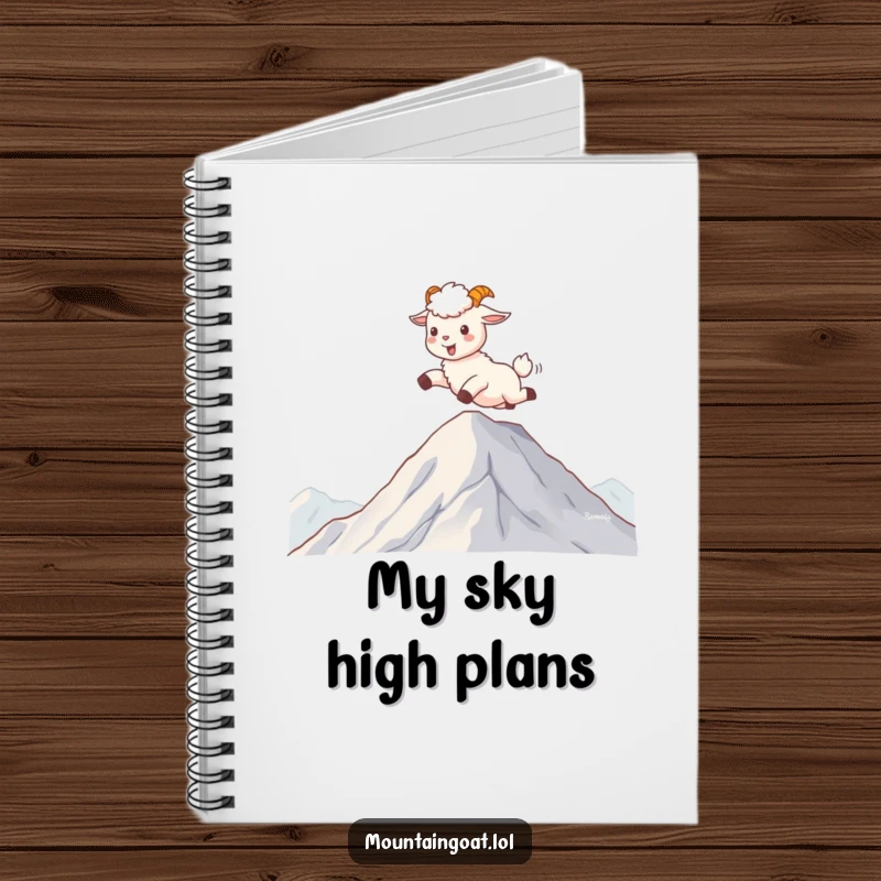 Funny kawaii mountain goat skipping on clouds, on a notebook cover, ideal for jotting down adventurous thoughts and dreams.