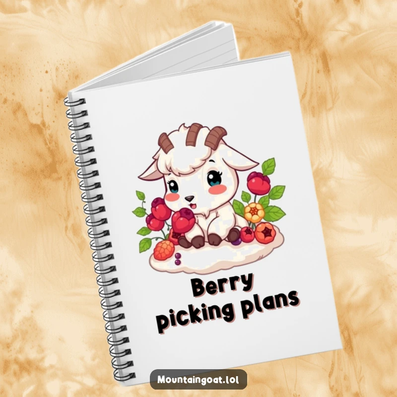 Funny mountain goat happily munching vibrant berries, nature journal theme, humorous stationery, thoughtful funny gift.