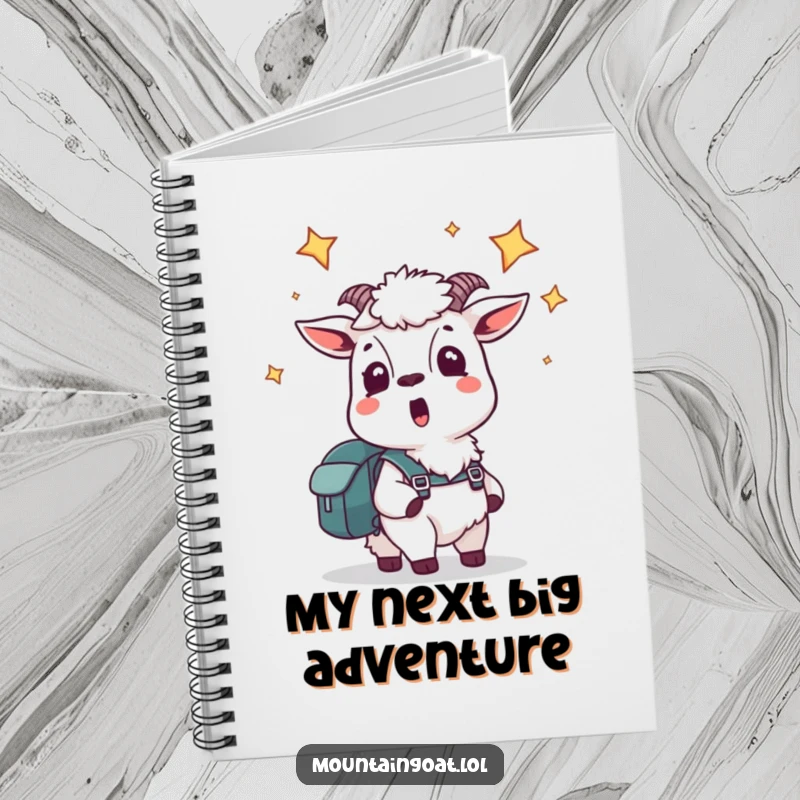 Funny notebook with a startled mountain goat wearing a backpack looking up at stars, ideal for jotting down cosmic ideas.