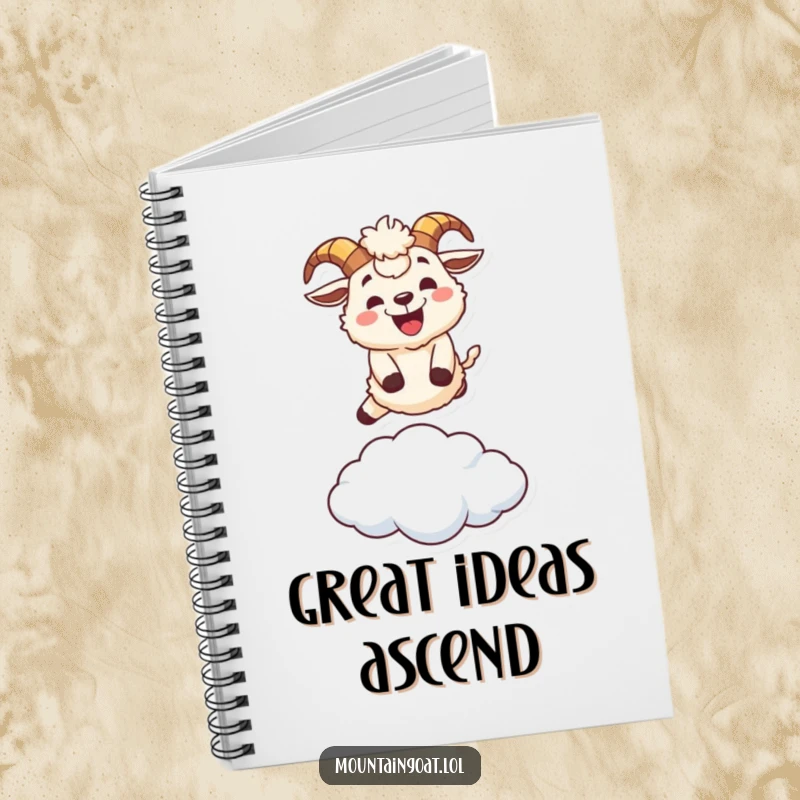 Funny fluffy mountain goat character notebook, leaping over a small cloud with a wide grin, inspiring creativity.