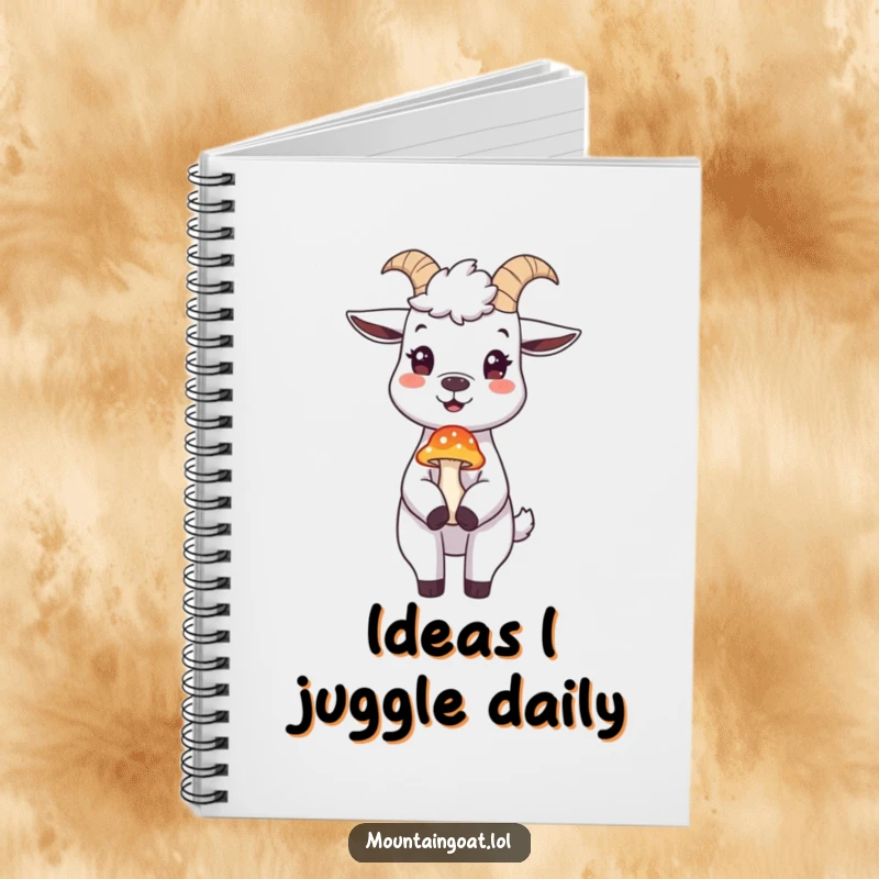 Funny mountain goat notebook, a joyful goat balancing a mushroom on its nose, for jotting down funny thoughts and ideas.