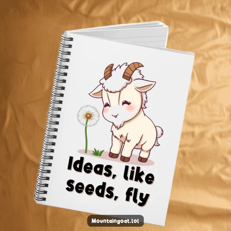 Funny Goat Dandelion Notebook: A kawaii goat playfully headbutting a dandelion adorns this notebook, perfect for jotting down funny thoughts.