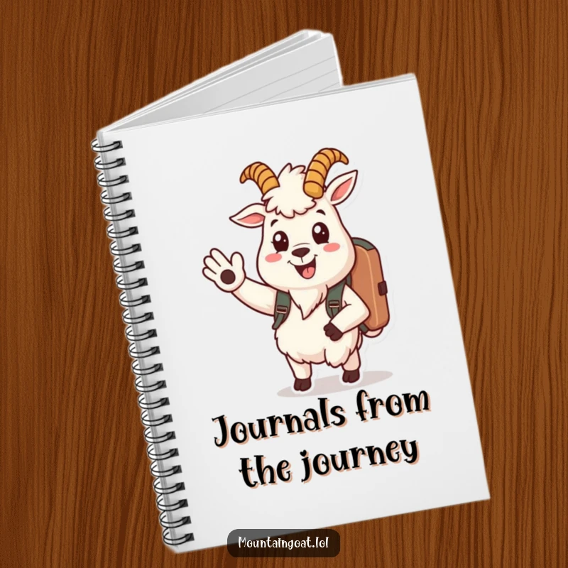 Funny mountain goat notebook cover shows a cheerful goat character with a backpack, smiling and waving, ready for friendly notes.