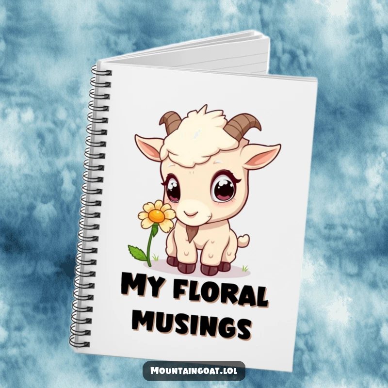 Funny kawaii mountain goat with wide eyes sniffing a flower, on the cover of a charming notebook.