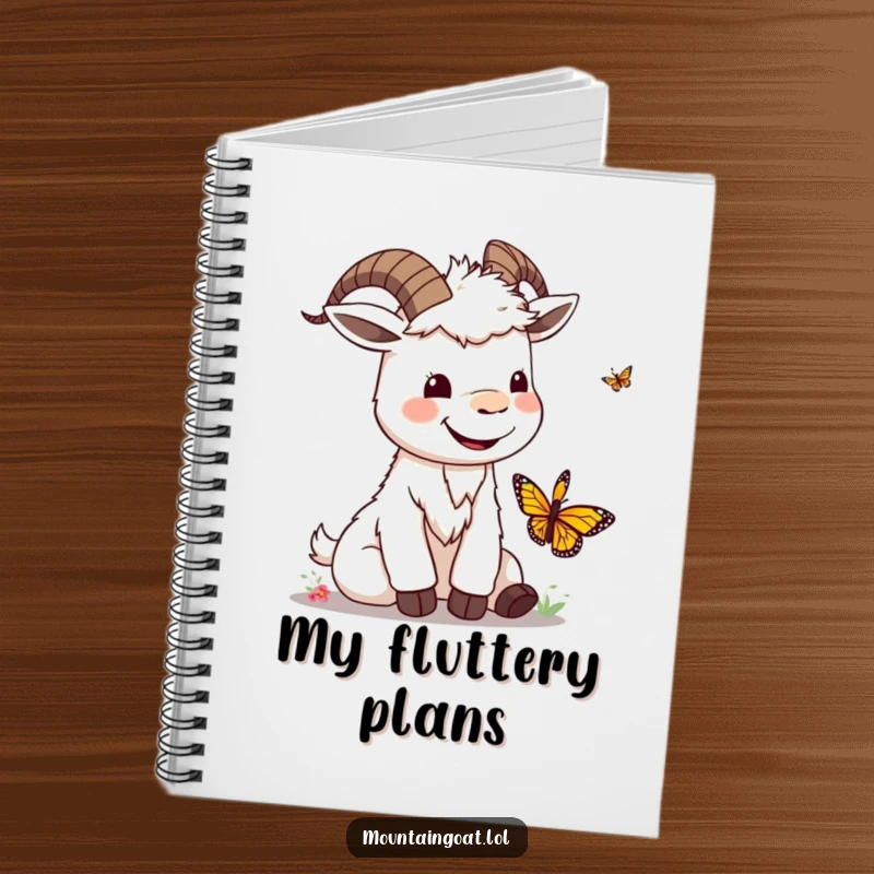 Funny kawaii mountain goat with a silly smile playing with a butterfly, perfect for jotting down happy ideas.