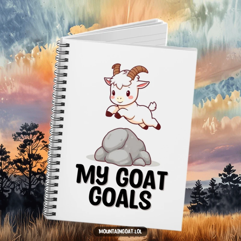 Funny kawaii mountain goat with small horns, mid-leap over a rock, perfect for jotting down notes and ideas.