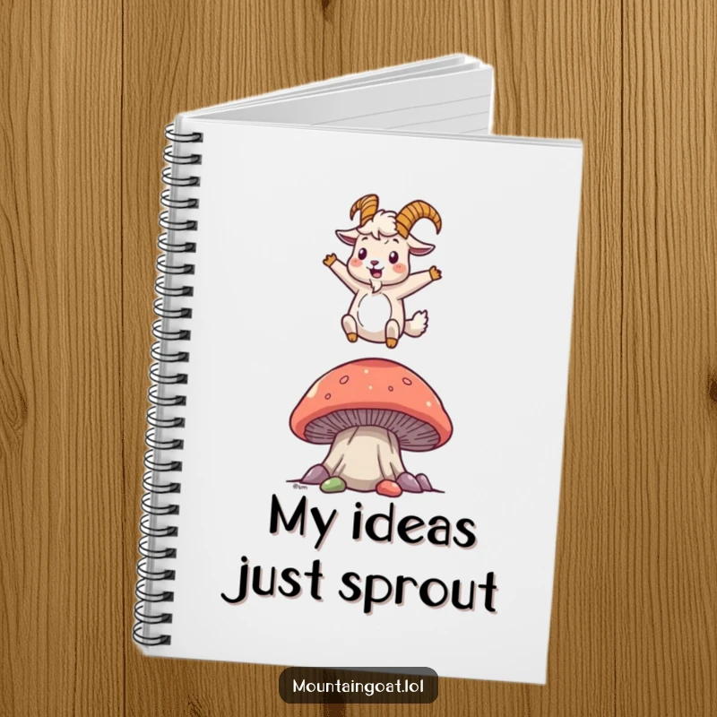 Funny mountain goat notebook featuring a joyful character bouncing on a mushroom, designed for creative writing and playful note-taking.