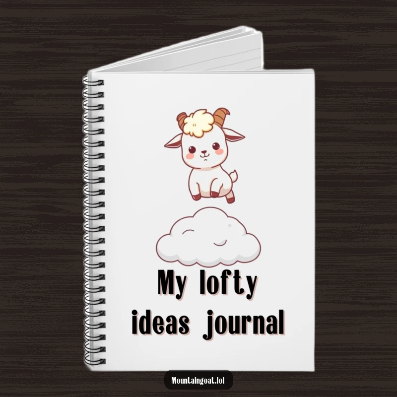 Funny kawaii mountain goat cheerfully leaping over a fluffy cloud, featured on the cover of a notebook.