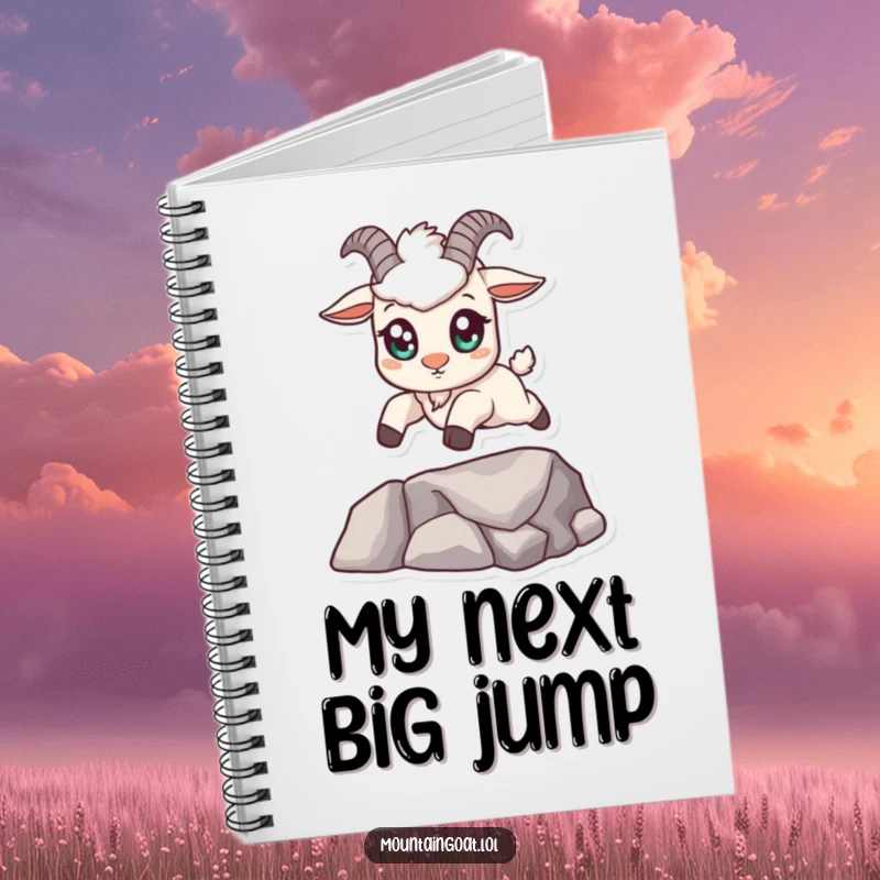 Funny kawaii mountain goat notebook with big eyes, confidently leaping across a small gap, ready to capture notes with charm and humor.