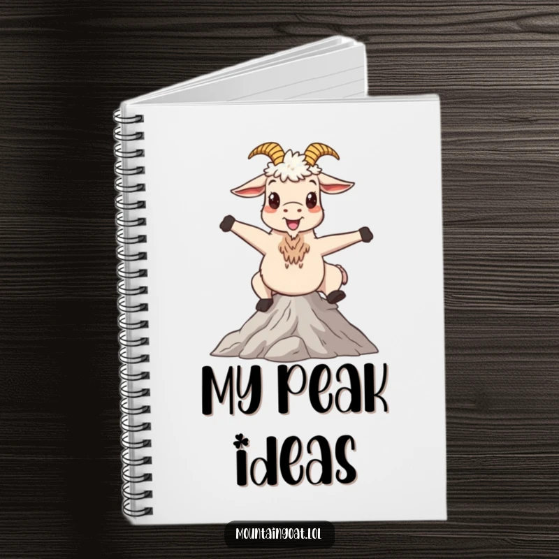 Funny mountain goat notebook with a happy character striking a whimsical pose on a serene peak, perfect for journaling and notes.