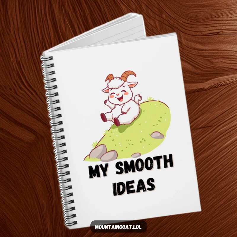 Funny joyous mountain goat notebook, playfully sliding down a gentle grassy slope, perfect for notes and capturing joyful moments.