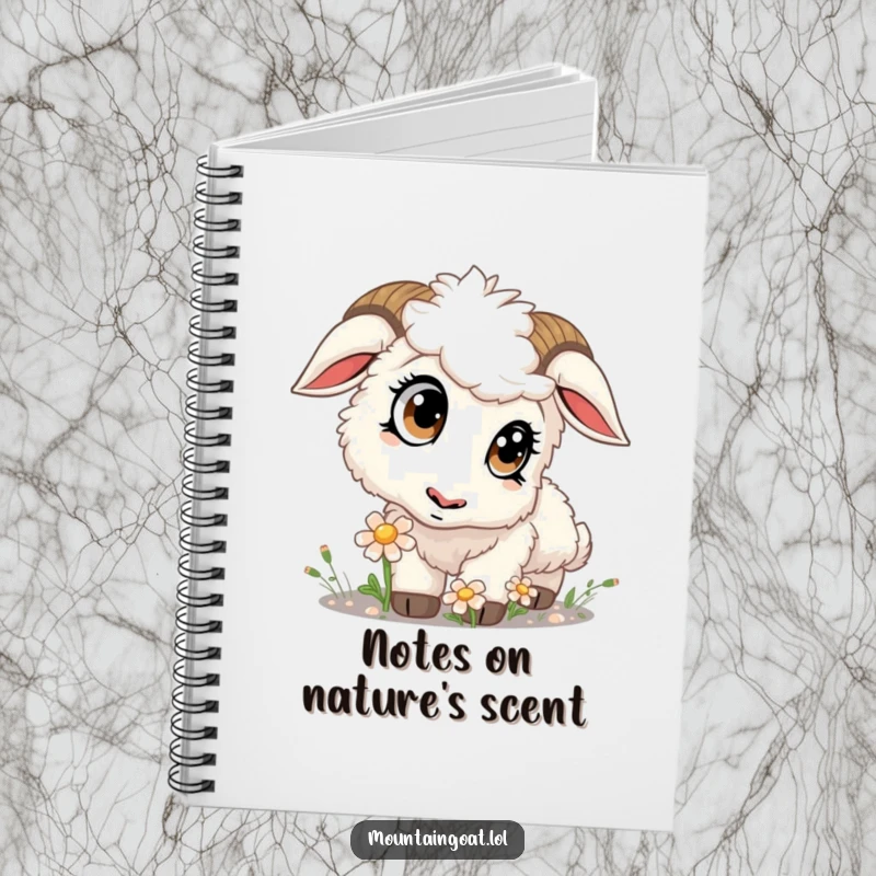 Funny kawaii mountain goat curiously sniffing a flower, perfect for recording thoughts in this delightful notebook.